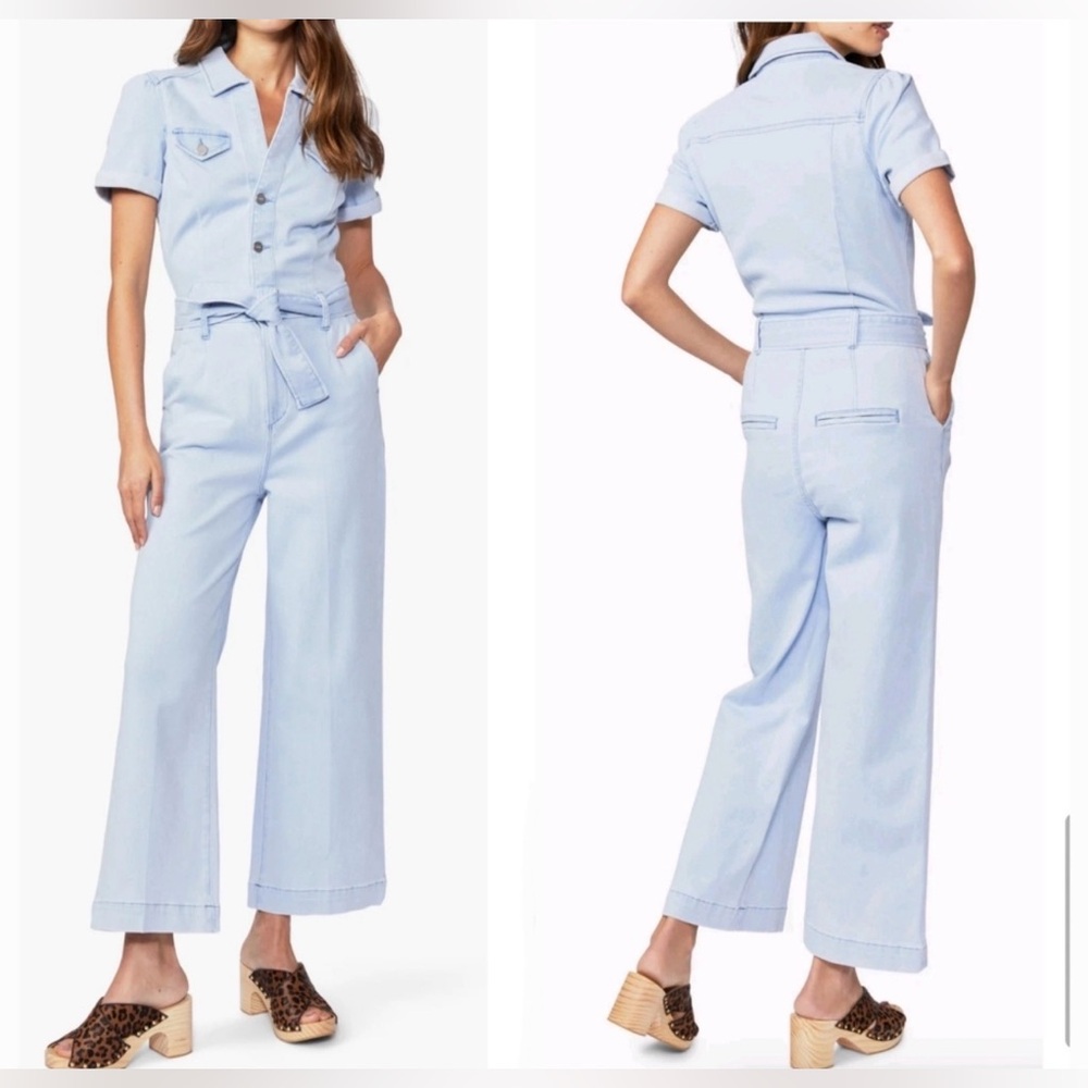 PAIGE Anessa Jumpsuit Self Belt in Kokomo Light Blue Short-Sleeve Wide Leg Sz 2